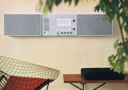 Braun, HiFi Stereo Tuner TS 45, photo from the original catalogue, with Bertoia chair and bench from