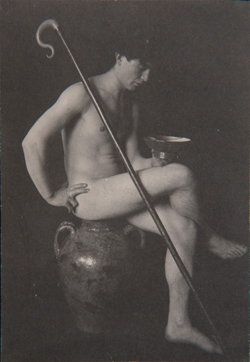 beyond-the-pale:  F. Holland Day - Nude man in studio with shepherd’s crook, seated on urn, c. 1896L