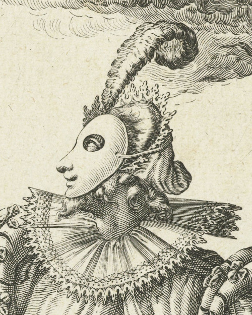 A masked woman carried by the hand of a masked man with a torch / Een gemaskerde vrouw aan de h