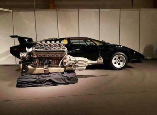 The engine and gearbox in a Countac placed where it would be in the car via reddit