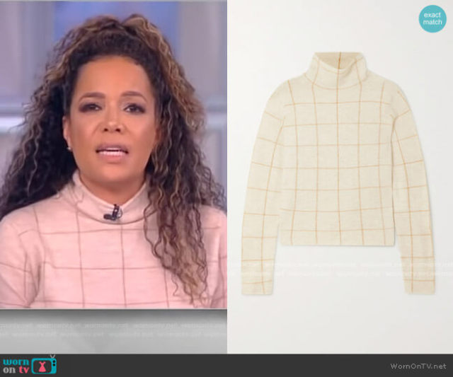 Sunny’s beige windowpane sweater on The ViewChecked cashmere turtleneck sweater by Vince at  Net a Porter, $375Also available at: ShopbopSee this outfit at WornOnTV #The View #The View Fashion #Sunny Hostin#WornOnTV Shopping#Vince