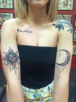 cutelittletattoos:  Karla Gutteridge’s tattoos: Rose on the shoulder, “this too shall pass” on the collarbone, sun on the right bicep and moon on the left one.