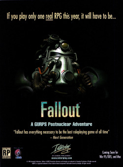 oldgamemags:  If you play only one REAL RPG this year, it’ll have to be Fallout!Also, GURPS is such a silly thing to call something.[Follow Old Game Mags][Support us on Patreon]