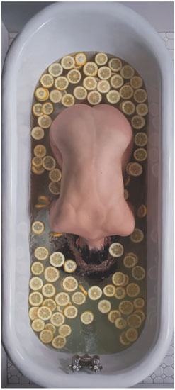 paint-ink: Works by Lee Price: Blueberry Pancakes II Self Portrait in Tub with Lemon