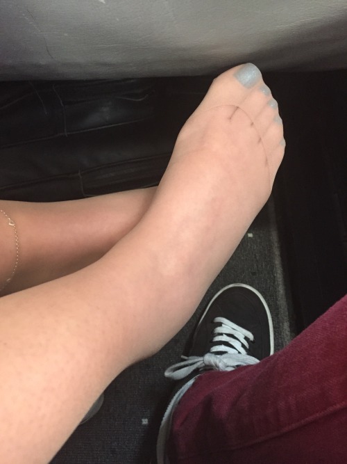 wifesphfeet: Sexy wife Val’s Tired feet on an airplane on my lap ready to be massaged. The best pla