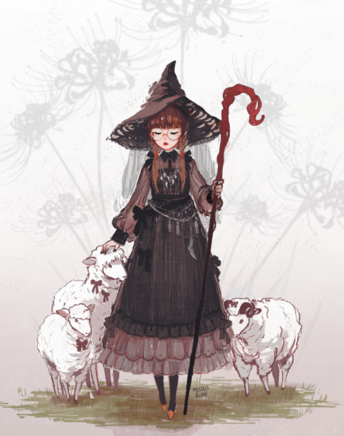 missusruin:witchsona commission for @/gloomychicsheep / fangs / spider lily witch + sheep familiars