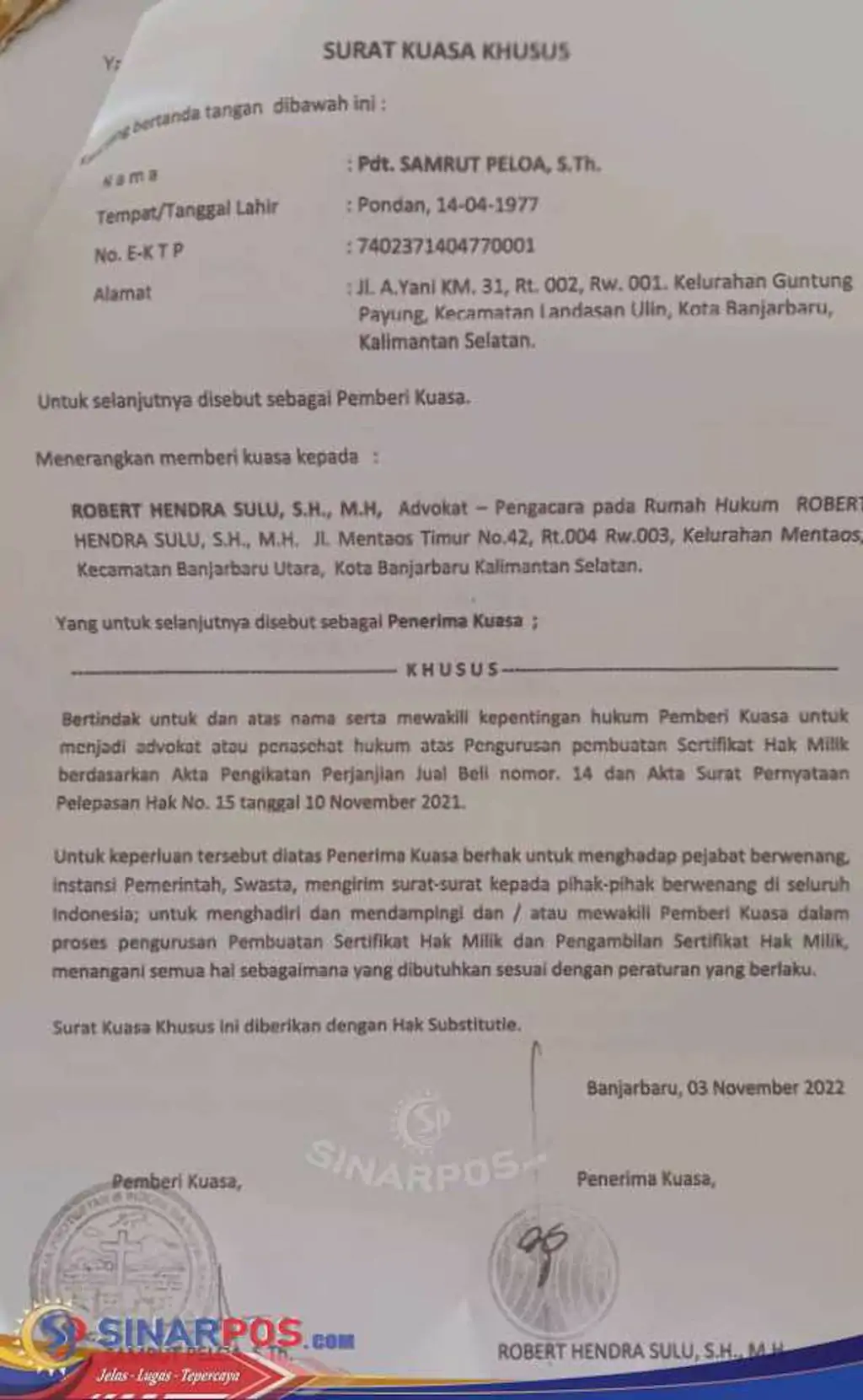 ADVOKAT ROBERT HENDRA SULU MELAPORKAN DUGAAN PENCEMARAN NAMA BAIK DAN PERBUATAN TIDAK MENYENANGKAN OLEH DUA OKNUM PENDETA GPIB
