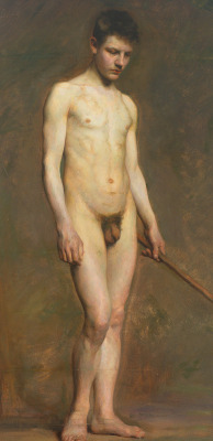 amadude:  blastedheath:  Unidentified painter, Standing nude young man, c.1900. Oil on cardboard on wood, 116 x 58Â cm.  Reblogged especially for you by: http://amadude.tumblr.com 