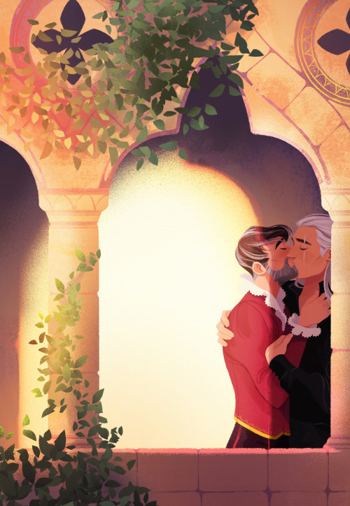 daryshkart: continuing my exploration of older prof Jaskier and Geralt romance, now with smooches in