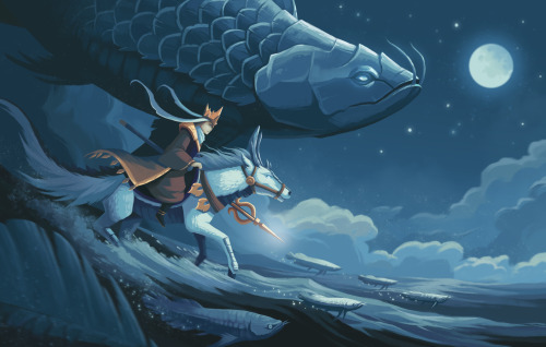 Tang SanZang and his horse ride the waves with the Dragon Fish.Here’s another illustration that is J