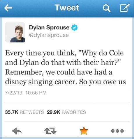 katiemyladyy:  clashing-oceans:  Why aren’t we talking about Dylan sprouse have you SEEN his tweets?  GUYS SERIOUSLY  G U Y S  we could have had a singing career. 