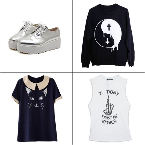 suicide-is-my-father:  Amazing and affordable tops and shoes from Choies Silver Lace Up Platform Shoes Black Tai Ji Print Sweatshirt Embroidery Cat Pattern T-shirt with Contrast Lapel White Letter and Finger Print Sleeveless T-shirt 