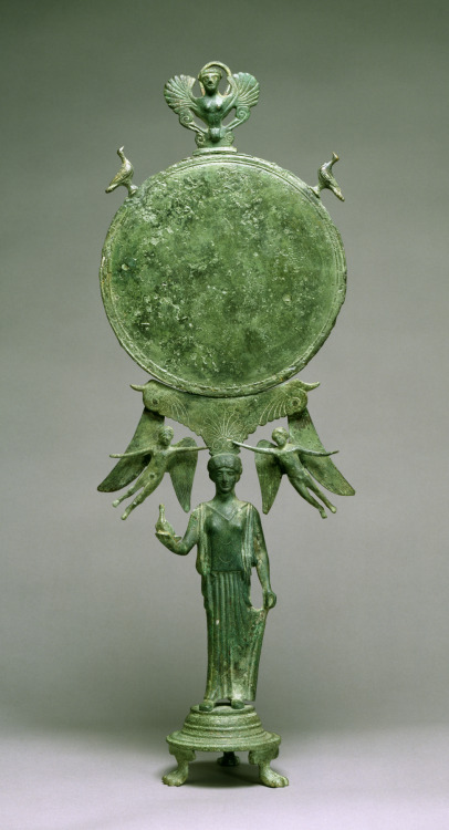 aleyma:Greek, Caryatid mirror with Aphrodite, Erotes, and siren, c.460 BC (source).