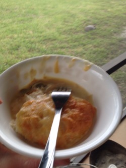 Since I alread shared breakfast and lunch, here is what my stepmom cooked: chicken croissant casserole. It&rsquo;s got chicken mixed with May, butter, onions and garlic, wrapped in a premise cress any roll, covered in cheese, and hen the gravy of cream