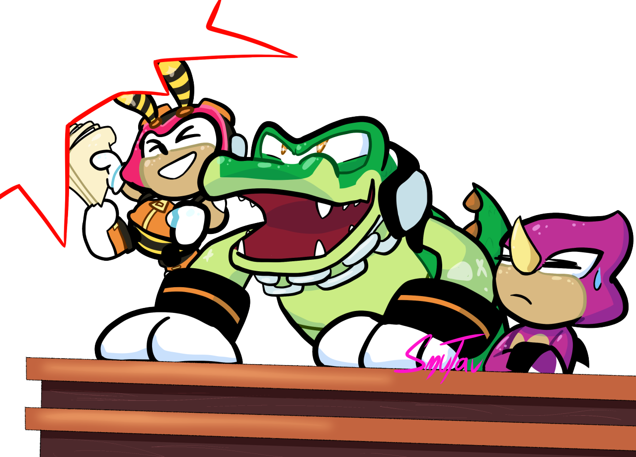 I dont think they went to law school but they’ll take any job that paysredbubble link in reblog! #sonic the hedgehog #sth#team chaotix #vector the crocodile  #espio the chameleon #charmy bee#vector#espio#charmy#my art