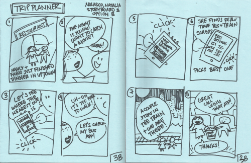 Storyboards showing various features for a proposed new app to benefit the public transportation sys