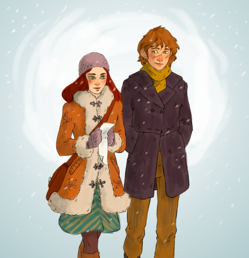 Lily and Remus doing some Christmas shopping the last Hogsmeade weekend before the holidays, Decembe