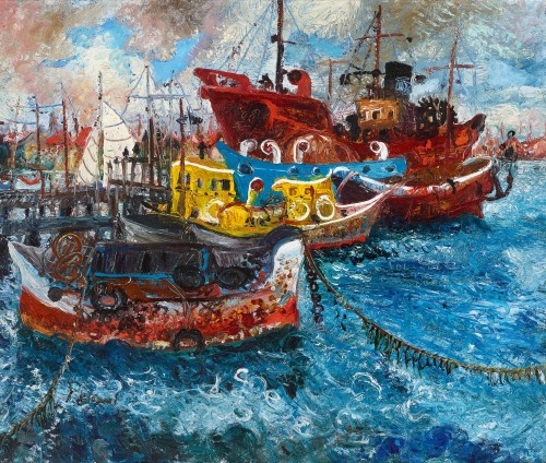 John Perceval (Australian, 1923-2000), Old Ships at Williamstown, 1959. Oil on canvas on composition