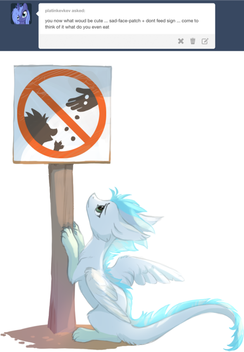 ask-patch:  On the Internet there is just two things you shouldn’t feed. Patch and the trolls. Patch would get chubby and trolls would think they are right. :P Fat patch would find no use for her wings. Remember to join our contest  Awww! ;w; Poor babbu!
