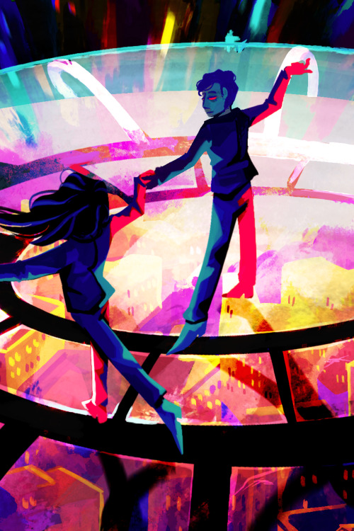 ajoneliaszine:[image id: a painting in bright, holographic colors of Jon and Elias, wearing dark sui
