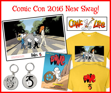 New items galore! BONE CODA trade paperback with special bookplate, 25th Anniversary keychain, T-Shirt and Anniversary Print. Be one of the first to own these Anniversary items! Booth#2109. #BONE25...