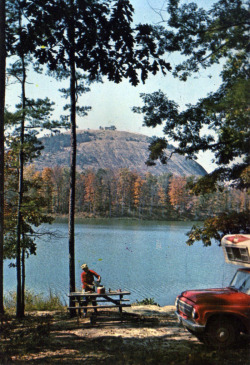 oldfishingphotos:  Wish You Were Here 06 Stone Mountain Lake, Georgia “The Family Camp Grounds accommodate both tents and trailers on the shore of beautiful Stone Mountain Lake. All modern conveniences, running water, and electricity are available.