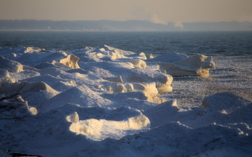 Ice hills and sunset, Lake Michigan.