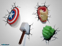 albotas:  Avengers Deco Wall Lights Monsters hiding in closets and under beds don’t stand a chance against these 3D wall art night lights featuring everyone’s favorite Avengers. Captain America’s shield, Iron Man’s helmet, Thor’s hammer, and