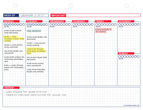 tchnologic:  Weekly Planner Printable I made this weekly printable schedule which you can download for free.  colour version  black and white version 