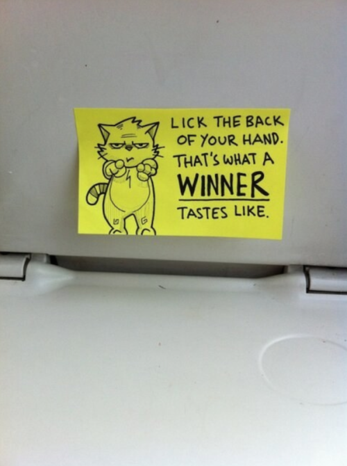 kiefeon:  catsbeaversandducks:  Post-it Notes Left on the Train Writer and illustrator October Jones, the creative genius behind Text From Dog and these funny train commute doodles, is at it again with these hilarious motivational post-it notes that he