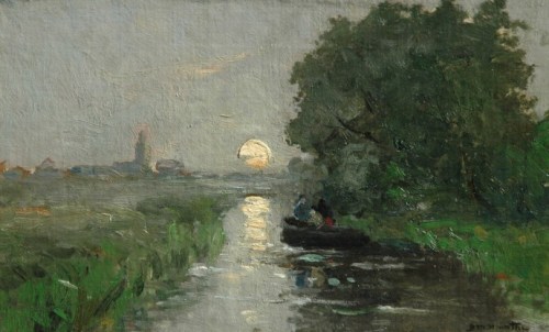 De Vliet by moonlight, with the Laurentiustoren of Rijnsburg in the distance  - Gerhard Arij Ludwig 