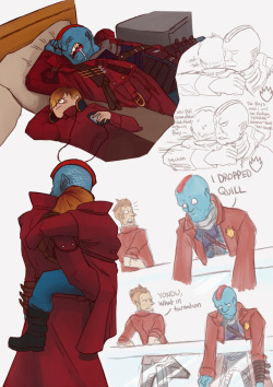 kajijiart:  Had to draw Yondad, Mary Poppins Yondu Udontahad to do the skeleton meme(thank you for who ever made this funny meme), with Yondu dropping Quill and Kraglin watching the whole thing.