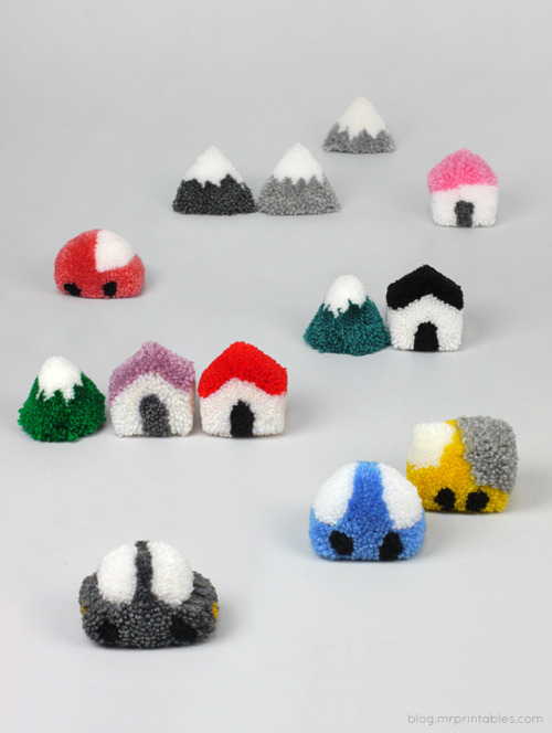 DIY Pompom Town Tutorial from Mr. Printables here. This link has tutorials for mountains, cars with 