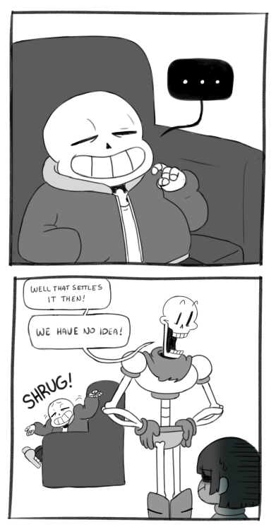 sugarkillsall:  I bring you another really dumb undertale comic big surprise For the record, I’m fairly certain Papyrus is the older brother considering the way Sans talks of him but I thought it’d be funny if they had no idea   lol XD