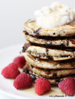 milkingalmonds:  The Perfect Vegan Pancake with 80% Dark Chocolate, Fresh Raspberries, Maple Syrup &amp; Mint Coconut Whipped Cream. All vegan. All perfection. 
