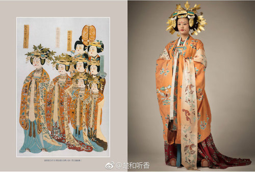 dressesofchina: Recreated Tang-dynasty outfits based on cave paintings / murals from mostly the Moga