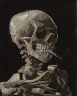 wildeandrose:“head of a skeleton with a burning cigarette” january - february 1886, vincent van gogh. | one of my absolute favorite gogh pieces, would love to have a print in my house. 🚬 “this skeleton with a lit cigarette in its mouth is a juvenile