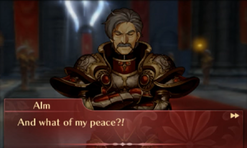 A screenshot of Fire Emblem Echoes: Shadows of Valentia from the upper screen of the 3DS. It's the scene where Alm confronts Mycen in Rigel Castle after defeating the emperor, and here he is saying "And what of my peace?!" to Mycen.