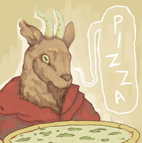 magnus-mcelroy:freddieillustration:let the goatman eat pizza[Image Description: A drawing of Billy t