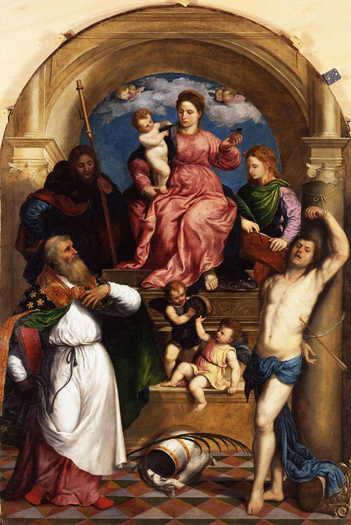 classic-art: Enthroned Madonna with Child and Saints Paris Bordone, c. 1530-1535 