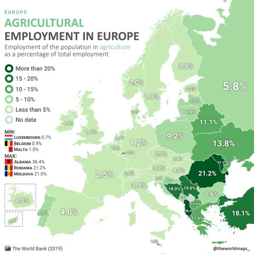 mapsontheweb: This map shows the percentage of the population employed in agriculture.by @theworldma