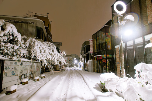 tokyo-fashion:  Super snowy Harajuku at 2am on Valentine’s Day night 2014. These are long exposure photos (using a tripod), so you can’t really see the snow falling, but it was snowing pretty hard! These shots are of Takeshita Dori, Harajuku Dori,