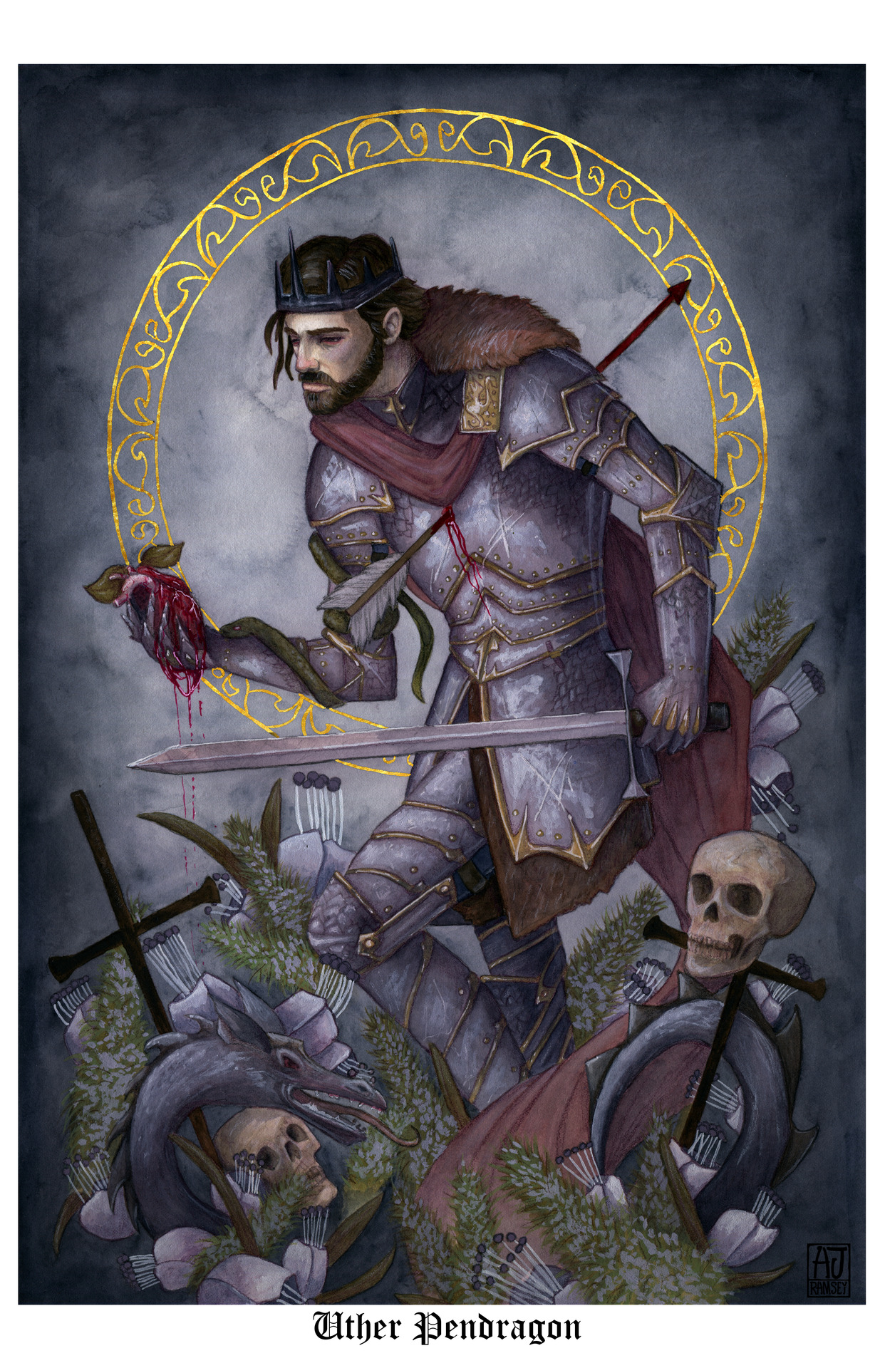 ajramseyart:  King Uther Pendragon, Watercolor, Gouache and color pencils on 11x17