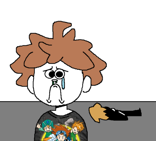 A doodle of Makoto (in the foreground) and Byakuya (in the background) both being sick. Makoto stares forward in a Digimon shirt with a sad expression, a tear falling down from his his left eye and mucus coming from both his nostrils. In the background, Byakuya can be seen in the fetal position having a bad time.