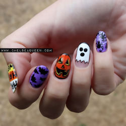 getnail-d:  First Halloween nail design of the year! http://chelseaqueen.com/halloween/ 
