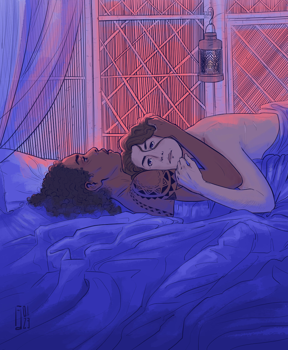 Fanart depicting Moiraine and Siuan lying in each others’ arms in bed, the bedding in shades of blue and the background in a gradient of pink and purple.