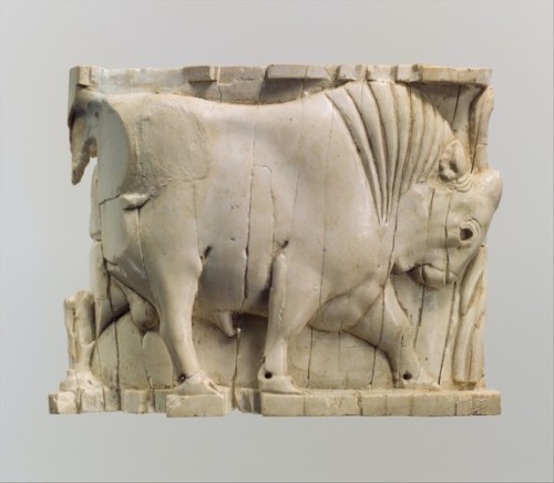 met-ancient-art:Furniture or cosmetic box plaque carved in relief with a striding bull, Metropolitan