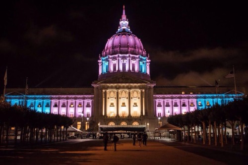 mierduh:San Francisco City Hall lit up with the Trans flag colors for the first time in history to c