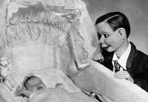 Charlie McCarthy with Edgar Bergen’s new daughter, Candice. 1946