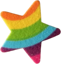 fuzzy sticker of a rainbow-striped star.